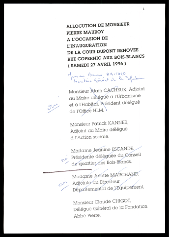 Inauguration de la cour Dupont rénovée, rue Copernic, quartier Bois Blancs. (Lille)