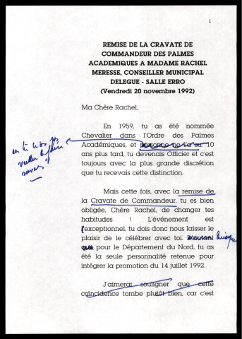 Remise de la cravate de commandeur des palmes académiques à Rachel Meresse. (Lille)