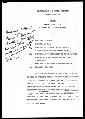 Pose de la première pierre de l'usine Confortex (groupe Beaulieu). (Comines)