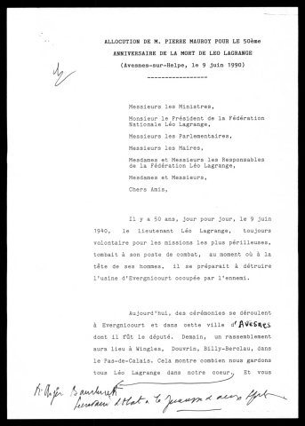 Cérémonie commémorant le cinquantenaire de la mort de Léo Lagrange. (Avesnes-sur-Helpe)