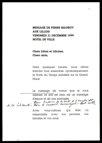 Message de Pierre Mauroy aux lillois. (Lille)