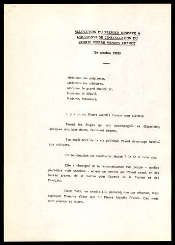 Installation du comité Pierre Mendès France.