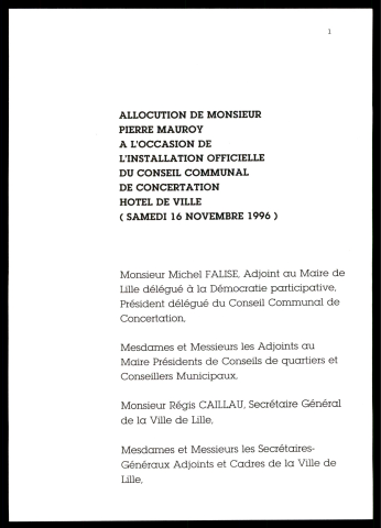 Installation du conseil communal de concertation. (Lille)