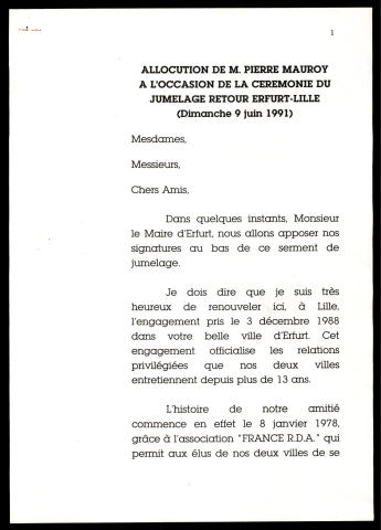Cérémonie de jumelage retour Erfurt-Lille. (Lille)