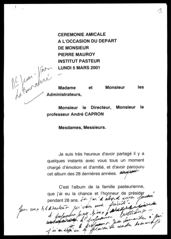 Cérémonie amicale à l'occasion du départ de Pierre Mauroy à l'institut Pasteur. (Lille)