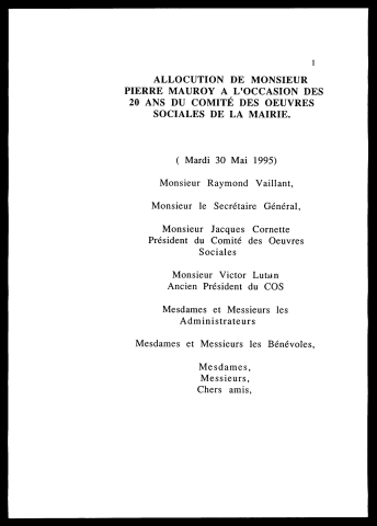 20 ans du Comité des Œuvres sociales de la Mairie. (Lille)