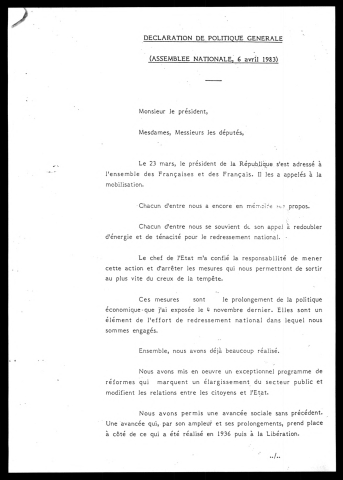Déclaration de politique générale à l'assemblée nationale.