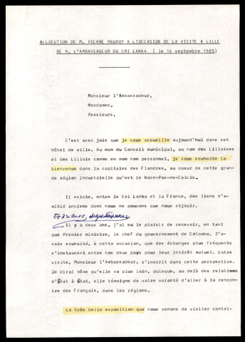 Venue à Lille de M. De Silva, ambassadeur du Sri Lanka. (Lille)