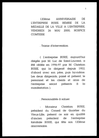 Remise de la médaille de la ville à l'entreprise Burie à l'occasion de son 120ème anniversaire. (Lille)