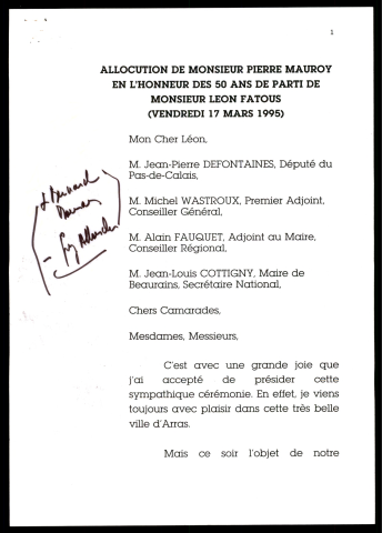 50 ans de parti de Léon Fatous. (Arras)