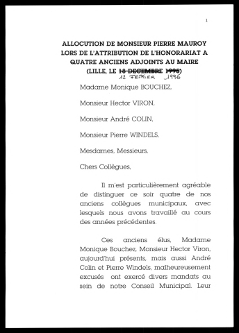 Attribution de l'honorariat à 4 anciens adjoints au Maire. (Lille)