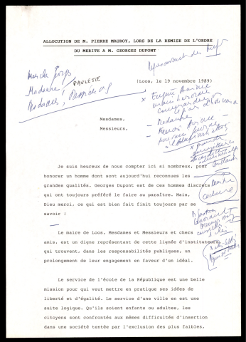 Remise de l'ordre du mérite à Georges Dupont. (Lille)