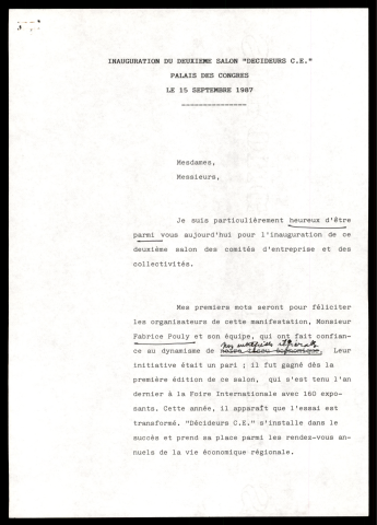 Inauguration du 2ème salon des comités d'entreprise et des collectivités. (Lille)