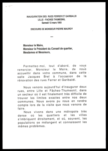 Inauguration des rues Ferrer et Garibaldi. (Lille, Faches Thumesnil)