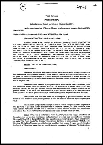 Conseil municipal du 14 décembre 2001.