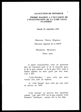 Inauguration de la gare Lille Flandres. (Lille)