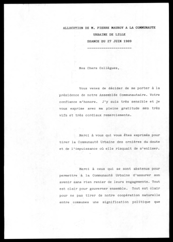 Election de Pierre Mauroy à la Présidence de la Communauté Urbaine de Lille. (Lille)