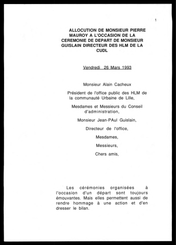 Cérémonie de départ de Monsieur Guislain, directeur HLM de la CUDL. (Lille)