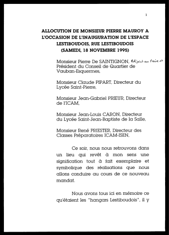 Inauguration de l'espace Lestiboudois, rue Lestiboudois. (Lille)