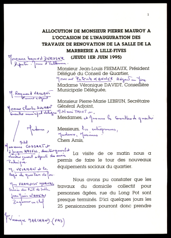 Inauguration de la salle de la marbrerie après rénovation. (Lille)