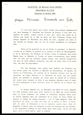 Inauguration du monument aux Polonais à Lille.