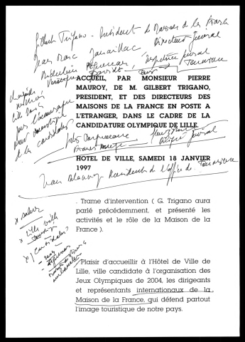 Accueil de Gilbert Trigano et des directeurs des maisons de la France en poste à l'étranger dans le cadre de la candidature olympique de Lille. (Lille)