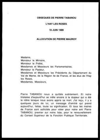 Obsèques de Pierre Tabanou. (L'Haÿ-les-Roses)