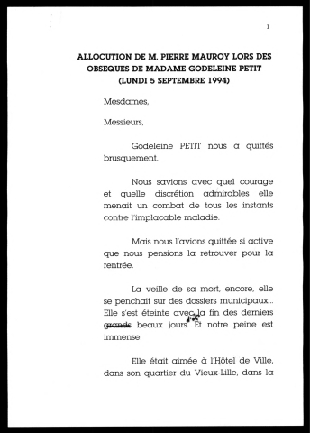 Funérailles de Godeleine Petit et hommage au Conseil Municipal. (Lille)