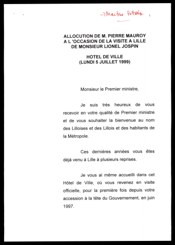 Visite de Lionel Jospin, Premier ministre. (Lille)