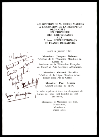 Réception organisée en l'honneur des participants aux septièmes internationaux de France de karaté. (Lille)