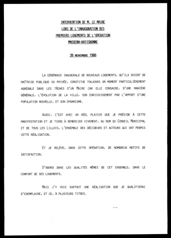 Inauguration des premiers logements de l'opération Masséna Ratisbonne. (Lille)