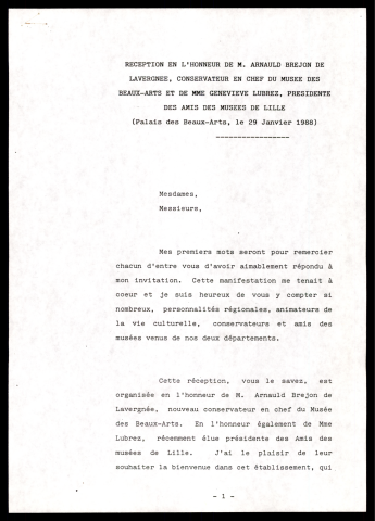 Réception en l'honneur d'Arnaud Brejon de Lavergnée, conservateur et de Geneviève Lubrez, présidente de la société des amis des musées de Lille. (Lille)