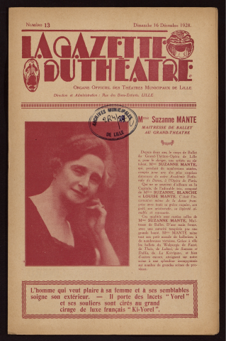 La gazette du théâtre, organe officiel des théâtres municipaux de Lille, n° 13, 16/12/1928.