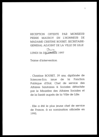 Réception en l'honneur de Madame Christine Boubet. (Lille)