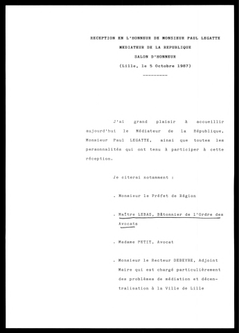 Réception en l'honneur de Paul Legatte, Médiateur de la République. (Lille)