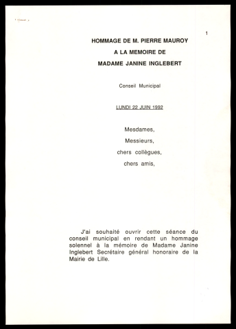 Hommage à la mémoire de Jeanine Inglebert. (Lille)