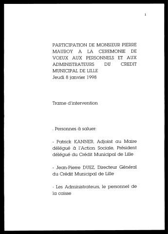 Cérémonie des vœux aux personnels et aux administrateurs du crédit municipal de Lille. (Lille)