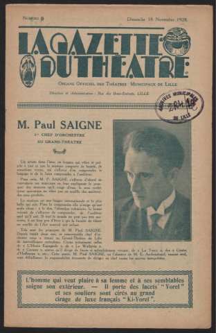 La gazette du théâtre, organe officiel des théâtres municipaux de Lille, n° 9, 18/11/1928.