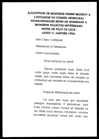 Cérémonie d'hommage à François Mitterrand. (Lille)