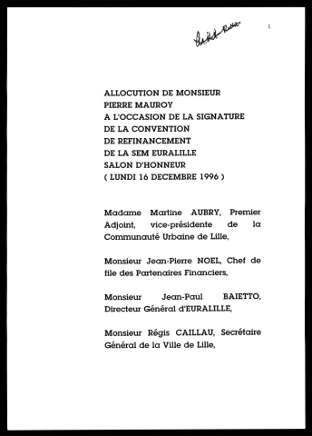 Signature de la convention de refinancement de la SEM Euralille. (Lille)