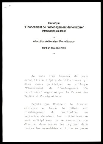 Colloque sur le financement de l'aménagement du territoire. (Lille)