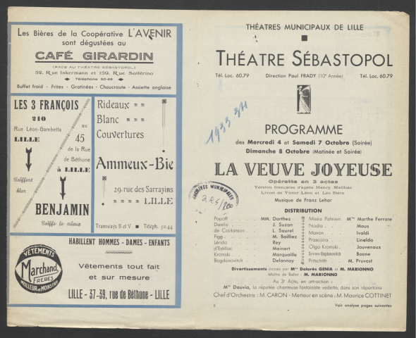 La veuve joyeuse, 4-8/10/1933.