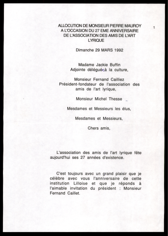 27ème anniversaire des Amis de l'Art Lyrique. (Lille)