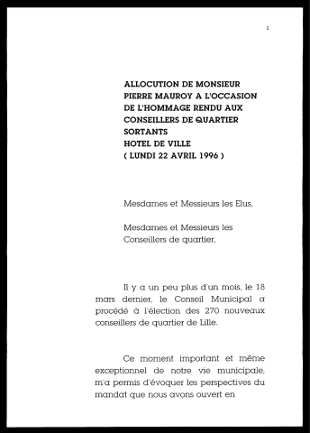 Hommage rendu aux conseillers de quartier sortants. (Lille)