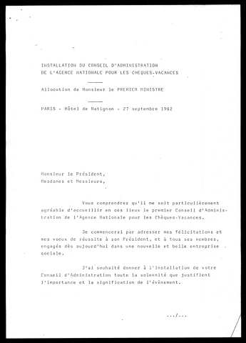 Installation du conseil d'administration de l'agence nationale pour les chèques vacances.