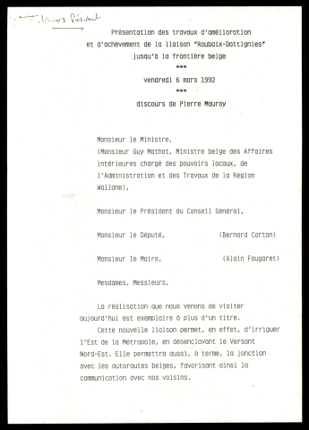 Présentation des travaux d'amélioration et d'achèvement de la liaison Roubaix-Dottignies jusqu'à la frontière belge. (Lille)