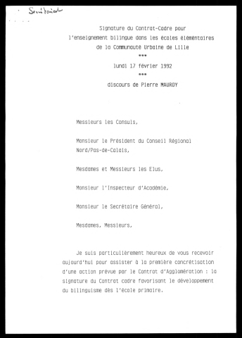 Signature du Contrat Cadre pour l'enseignement bilingue dans les écoles élémentaires de la communauté urbaine de Lille. (Lille)