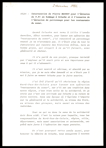 Emission hommage à Coluche sur TF1. (Paris)