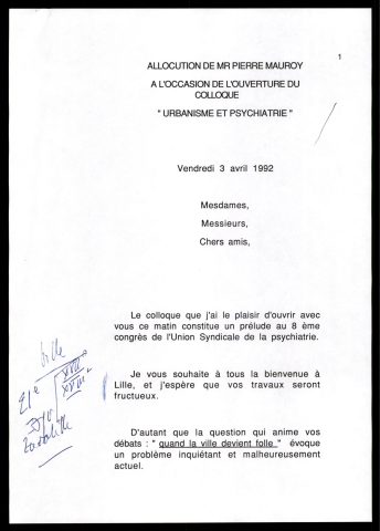 Ouverture du colloque "Urbanisme et Psychiatrie". (Lille)