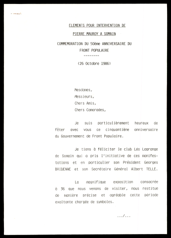 Commémoration du 50ème anniversaire du Front Populaire. (Somain)